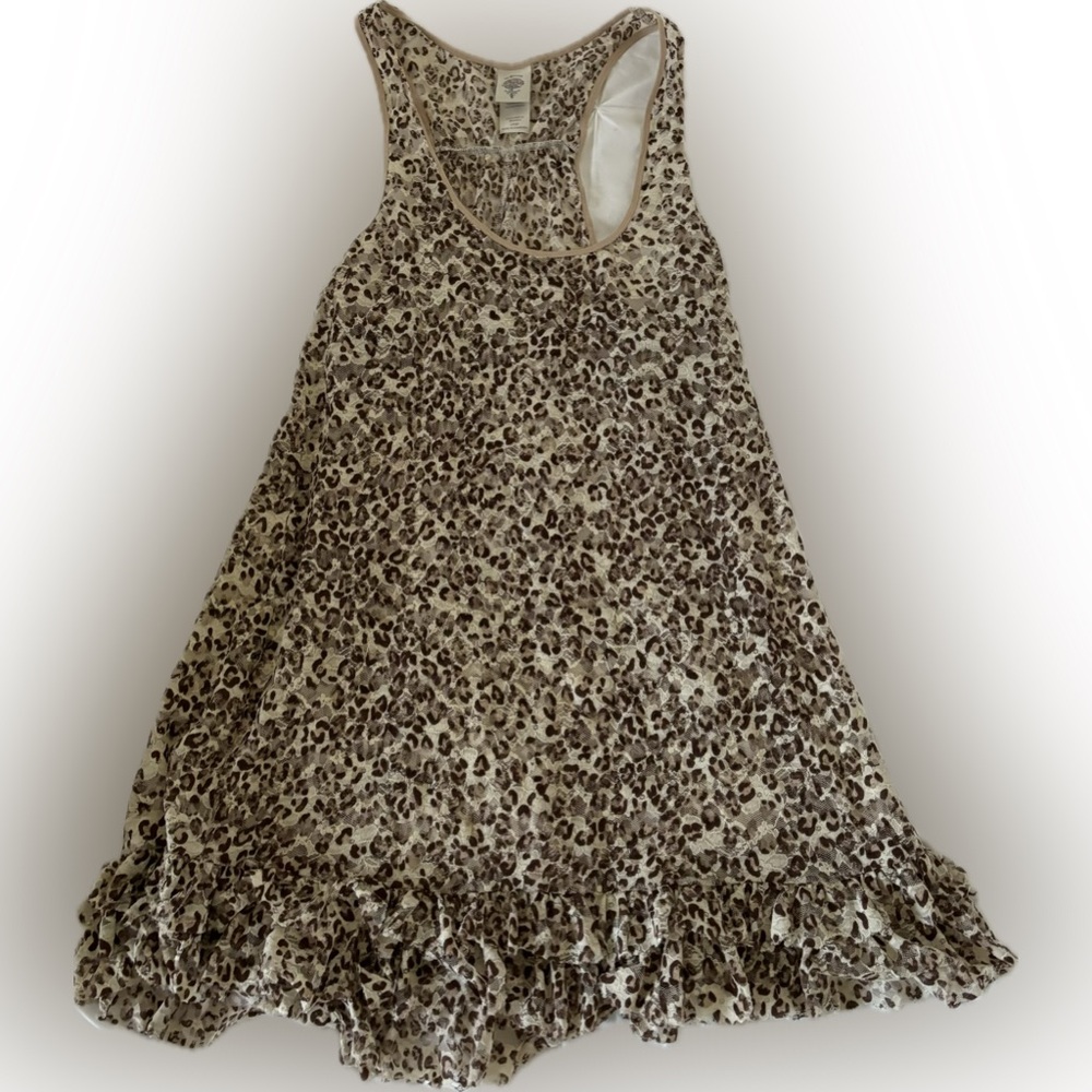black and brown mini leopard sheer dress with lace trim and ruffled hem
